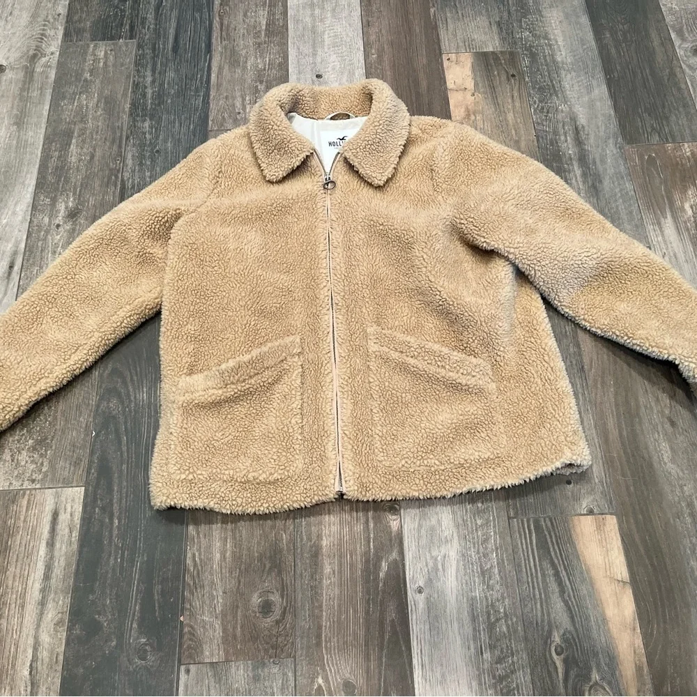 Hollister Teddy Sherpa Hoodie Jacket Brown Fleece Zip Front Size XL Cozy Fall